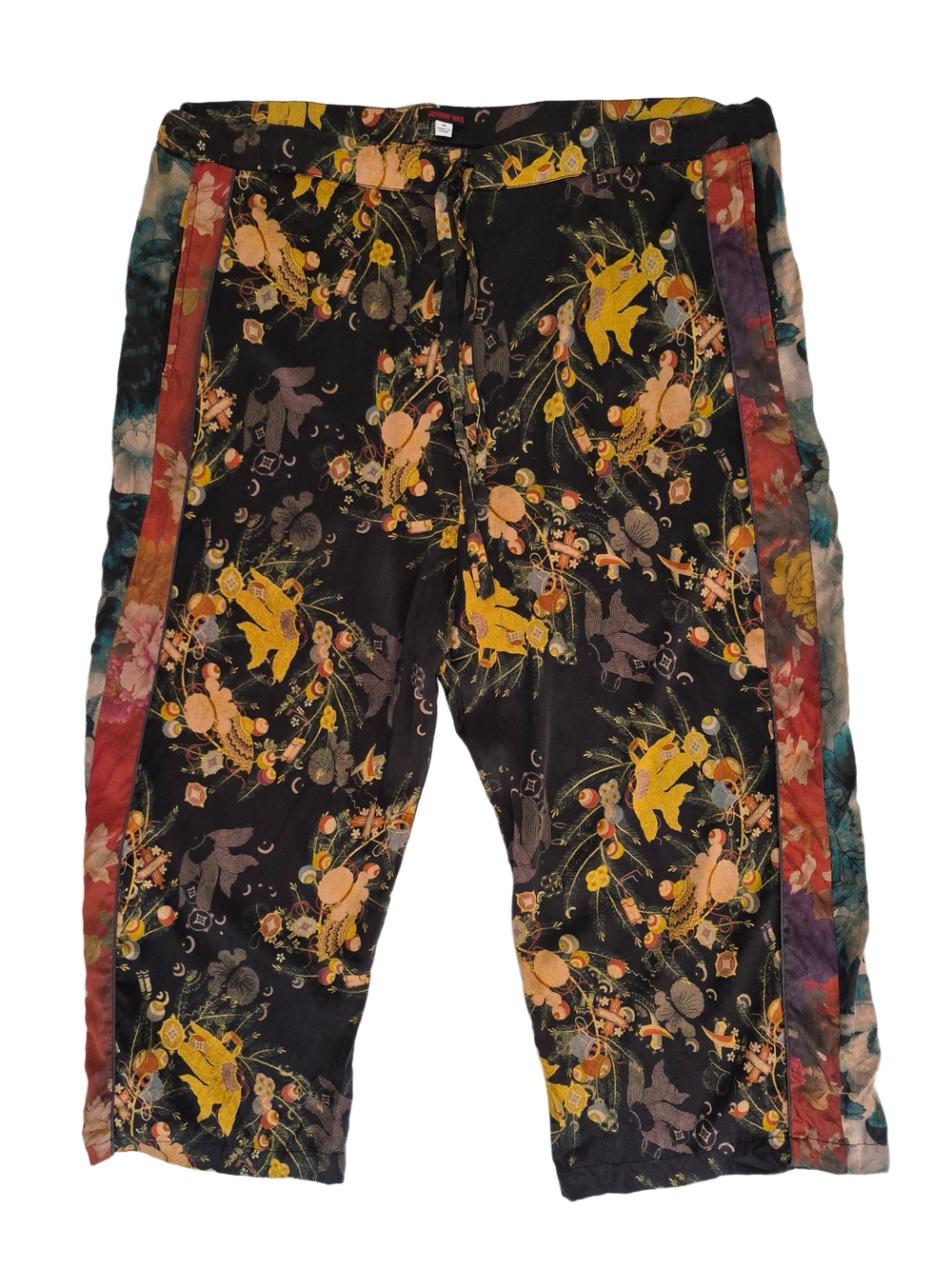 Johnny Was  Silk Black Floral Bird Print Cropped Jogger Pants M
